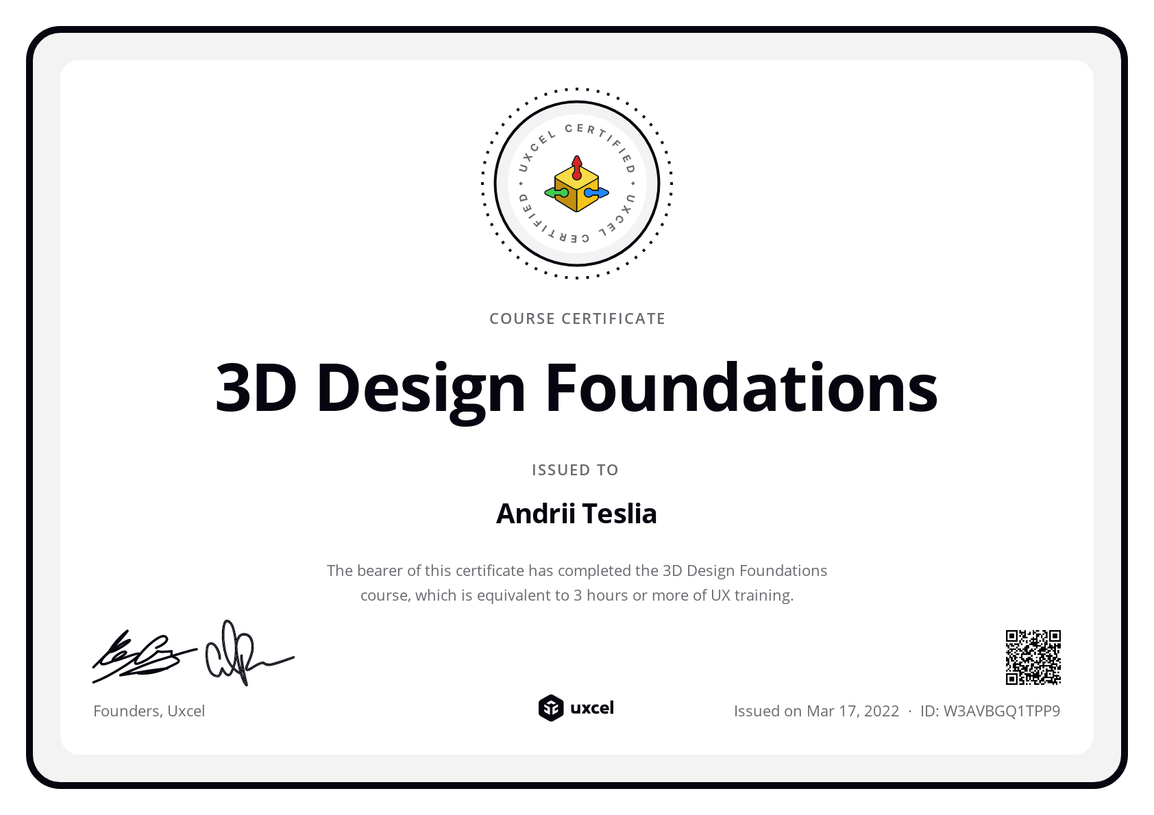 Andrii Teslia's certificate